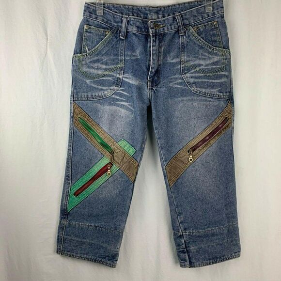 Wear Jeans 28 Med Wash Capri 6 Pocket Zipper Cuffed Color Blocked Button Zip Fly - Picture 4 of 10